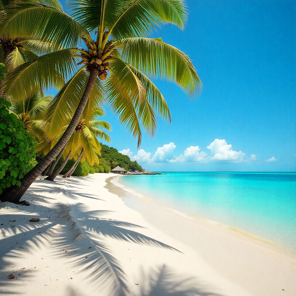 Tropical beach with palm trees, white sand, turquoise sea, and blue sky