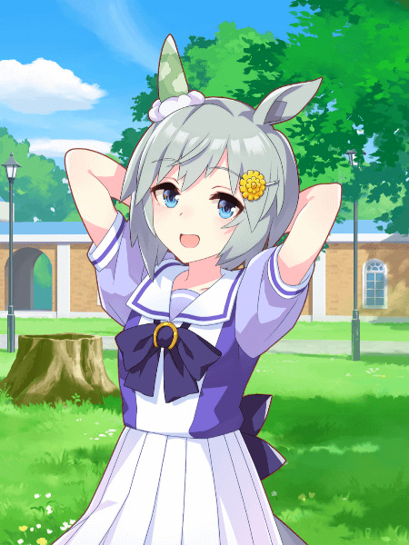 Anime girl with silver hair and horse ears in purple sailor uniform posing outdoors, Seiun Sky from Umamusume