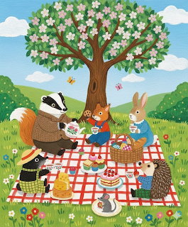 Illustrated woodland animals having a picnic under a blooming tree with food on a red checkered blanket