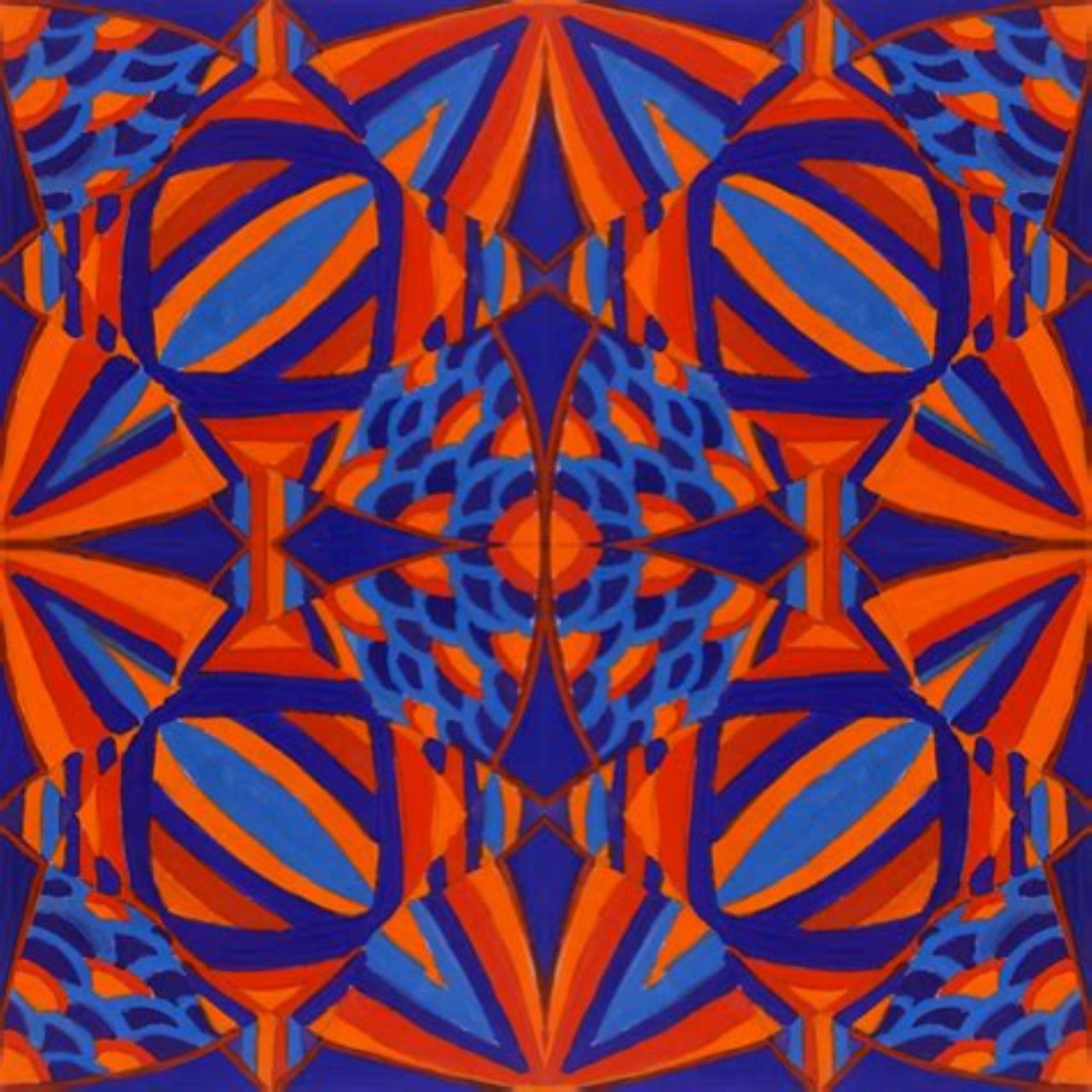 Symmetrical mandala with blue and orange geometric patterns