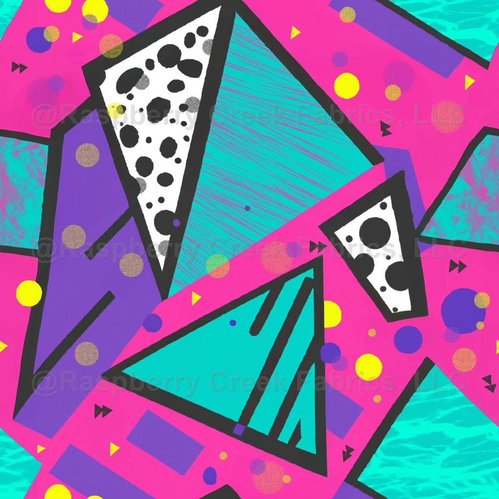 Colorful 80s abstract art with geometric triangles, dots and patterns in pink, purple and cyan