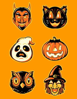 Six vintage Halloween character masks arranged on orange background including devil, cat, ghost, pumpkin, owl and witch
