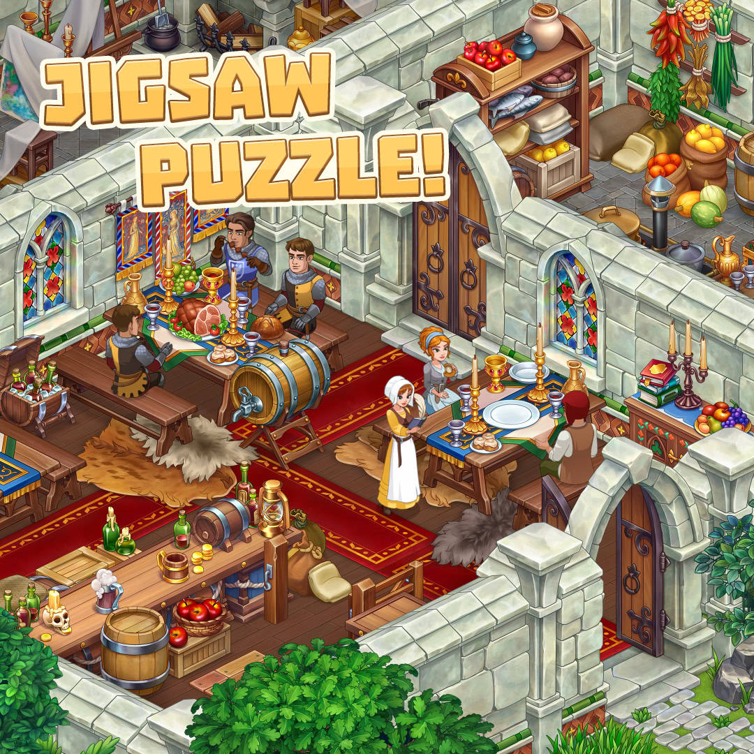 Isometric fantasy workshop interior with characters, tables, tools, barrels, and stone walls