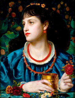 Pre-Raphaelite painting of a woman in blue dress holding a golden goblet with roses and coral jewelry
