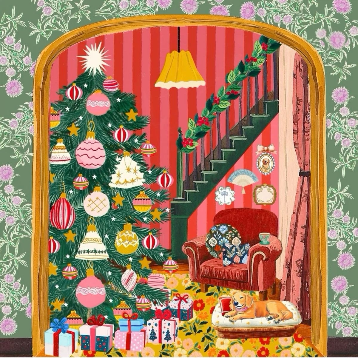 Illustrated Christmas room with tree, presents, armchair, staircase, and a sleeping dog