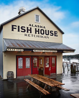 Yellow Alaska Fish House building with red doors on rainy dock in Ketchikan