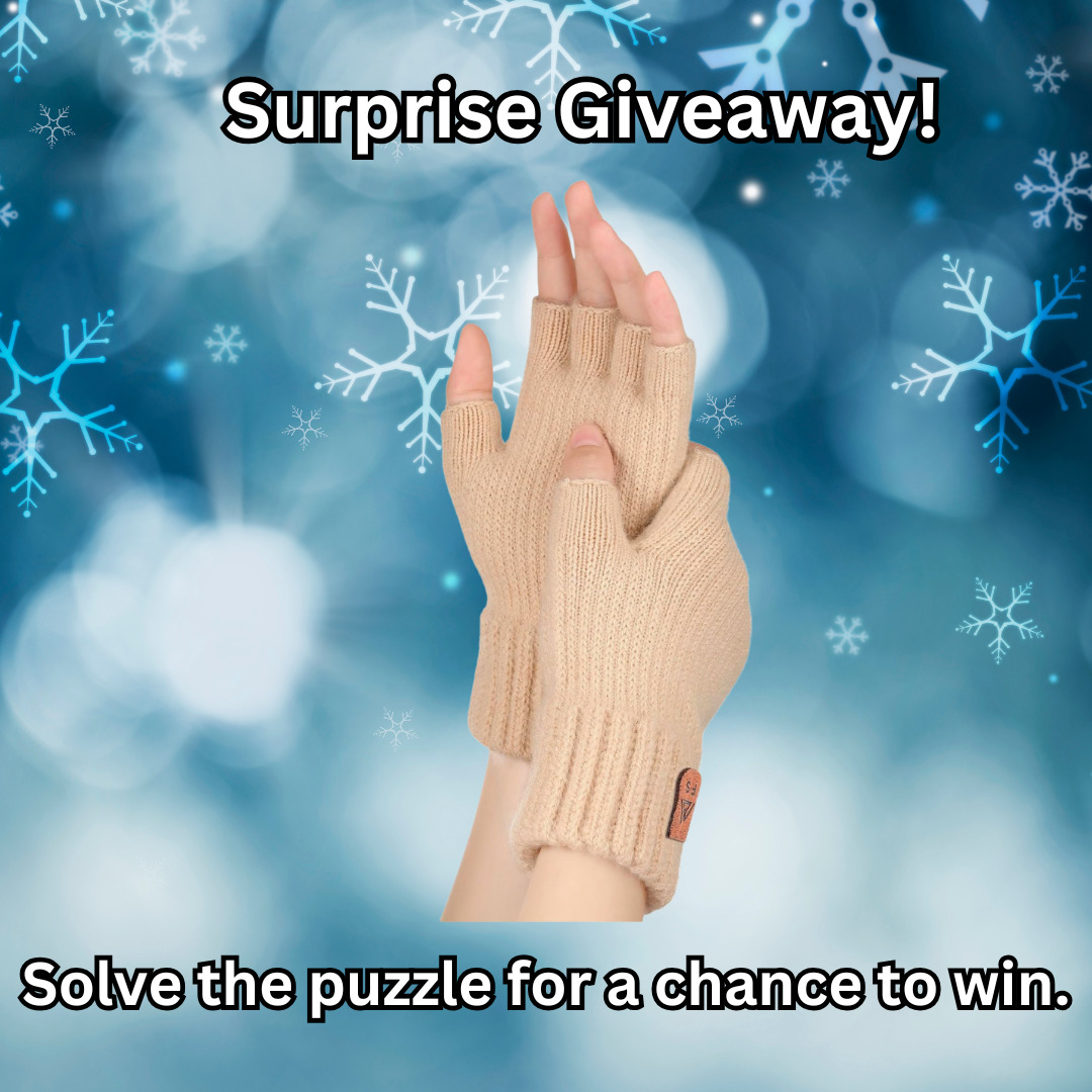 Hand wearing beige fingerless knit gloves on a blue snowflake background with promotional text