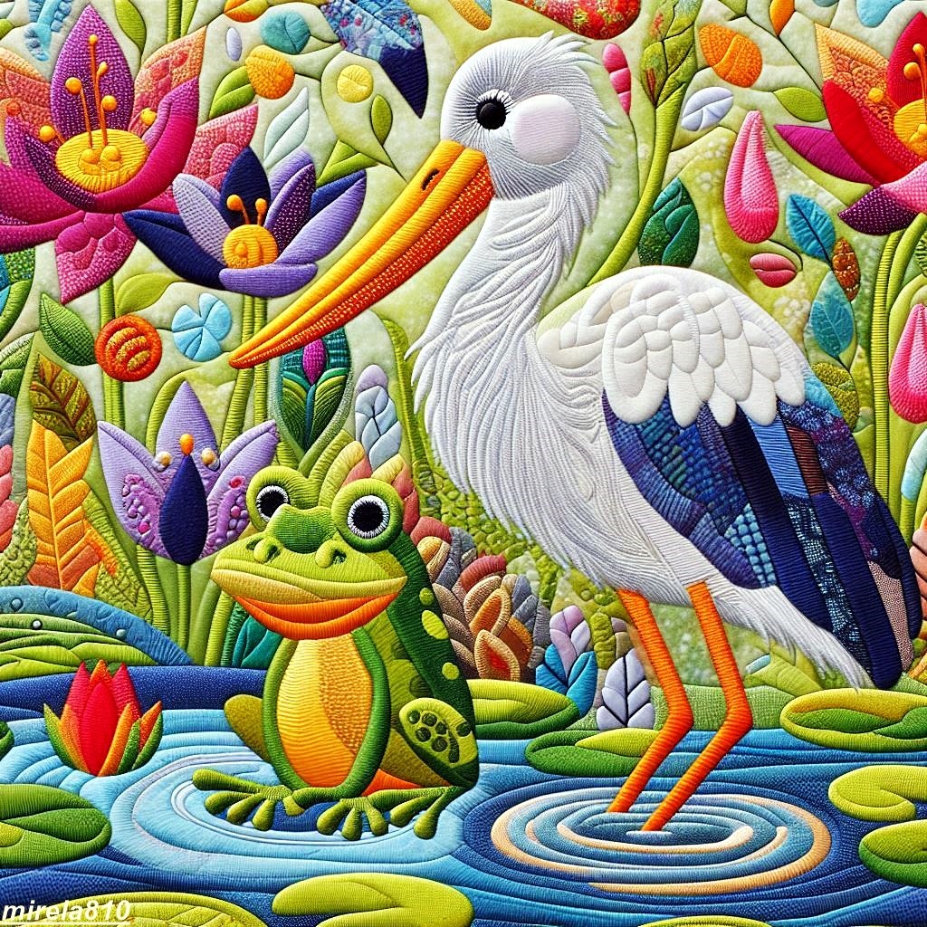 White egret and green frog among bright tropical flowers in colorful folk art style