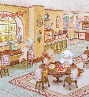 Illustration of teddy bears sitting at a table having tea in a cozy decorated kitchen