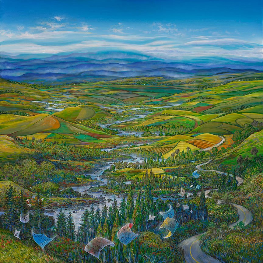 Colorful painting of green rolling hills with river winding through valley under blue sky