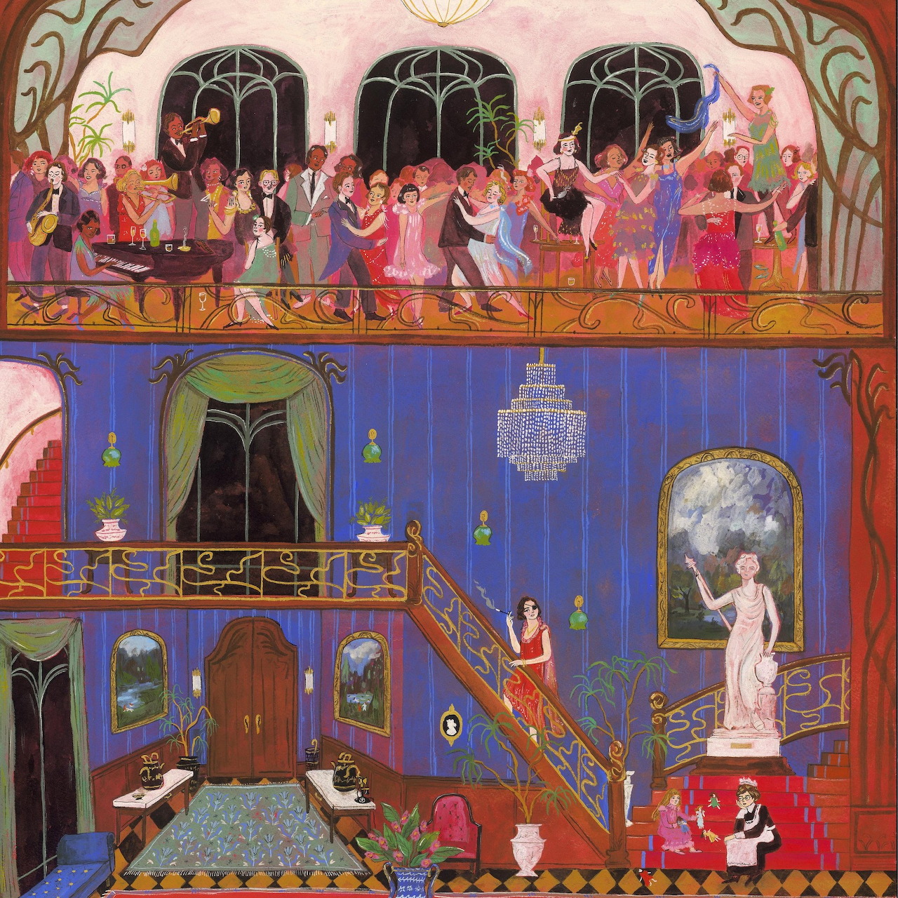 Colorful painting of a two-level ballroom with party scene above and elegant interior with staircase below
