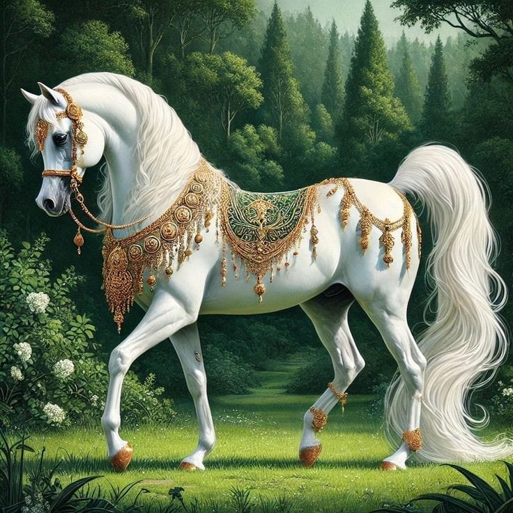 White horse with golden ornamental gear in a green forest meadow with mist