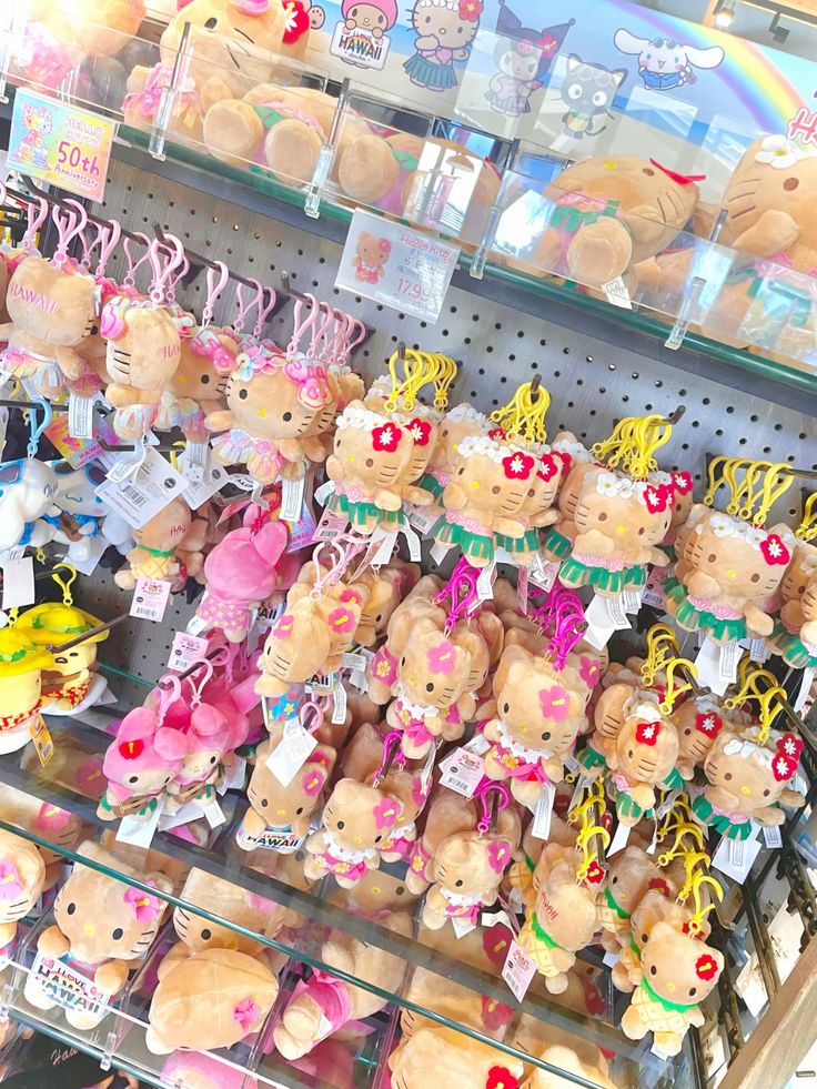 Hello Kitty character with pink hibiscus flowers in tropical Hawaiian scene