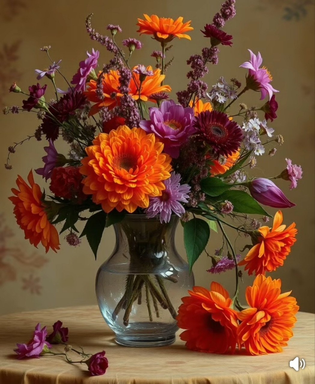 Colorful mixed flower bouquet in a glass vase on a wooden table