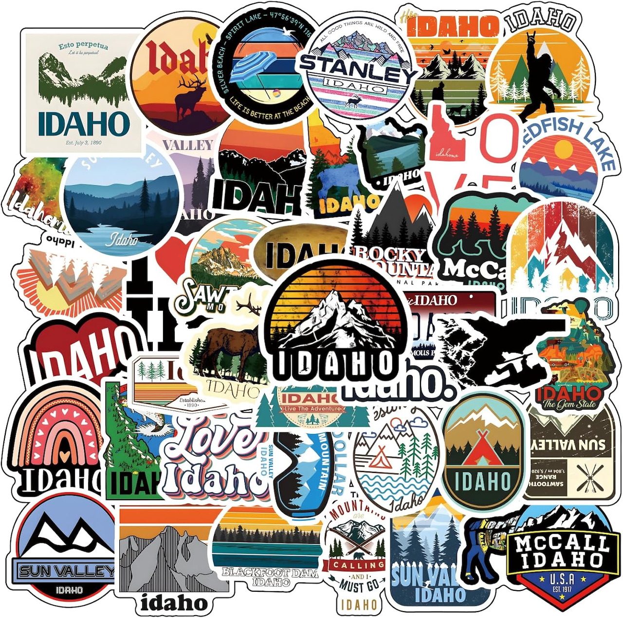 Colorful collage of Idaho-themed stickers with mountains, lakes, forests, and state name logos