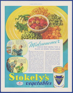 Vintage Stokely's vegetables magazine advertisement showing vegetable platter and product can