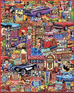 Colorful retro collage with classic cars, neon signs, diner imagery, records, and Americana details