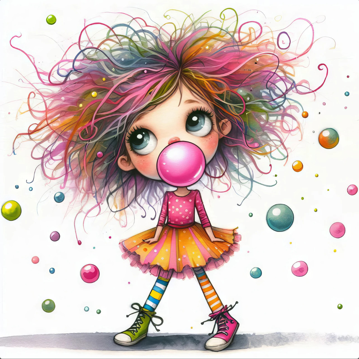 Cute cartoon girl with rainbow hair blowing pink bubblegum, colorful bubbles floating around