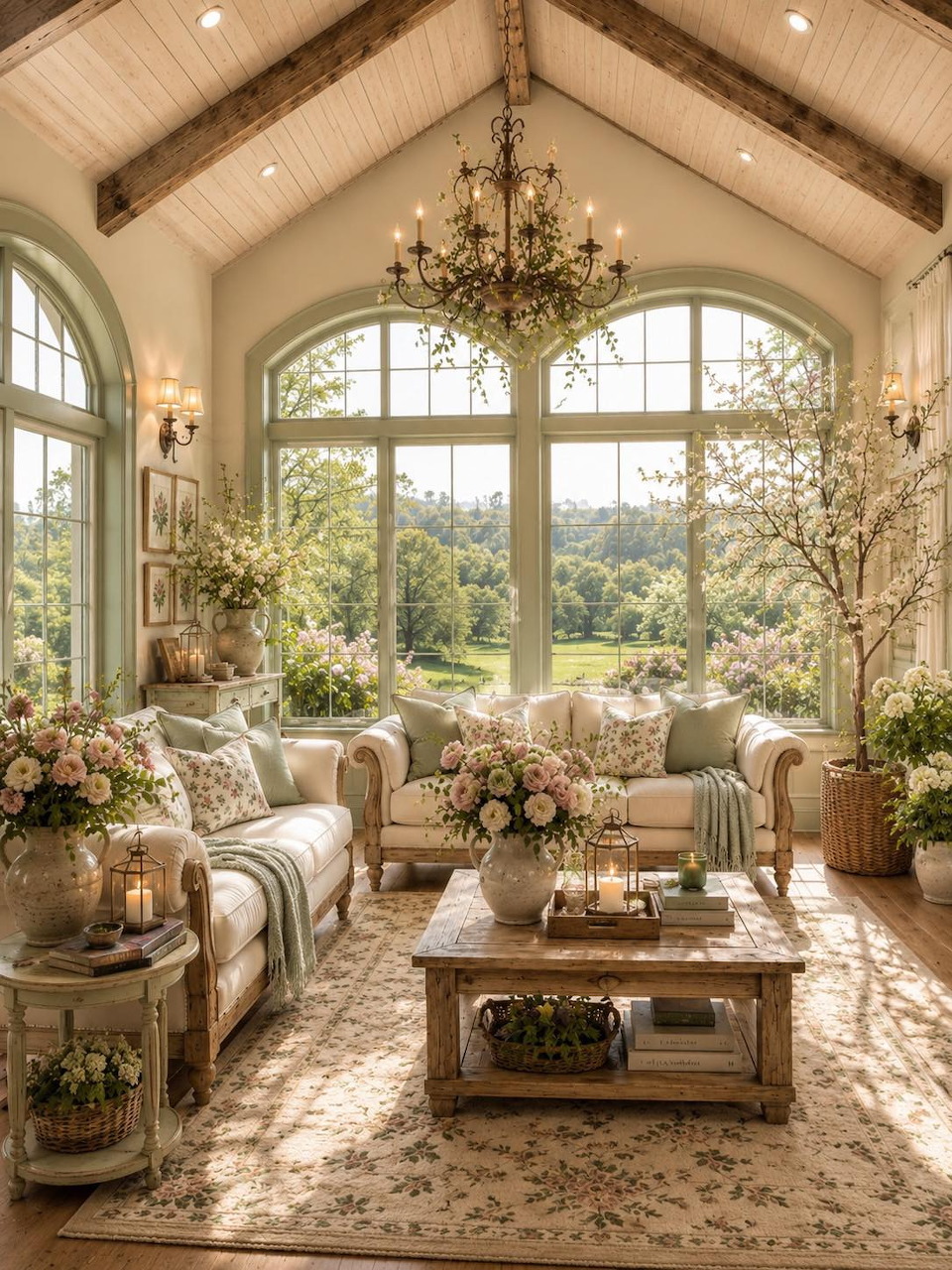 Cottage garden room interior with floral decor and rustic furnishings