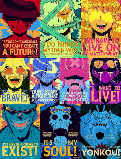 Grid of nine colorful pop art portraits of One Piece anime characters with motivational text overlays