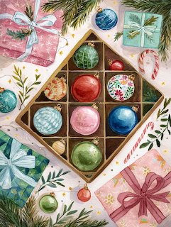 Watercolor painting of a box colorful Christmas ball ornaments surrounded by wrapped gifts and greenery