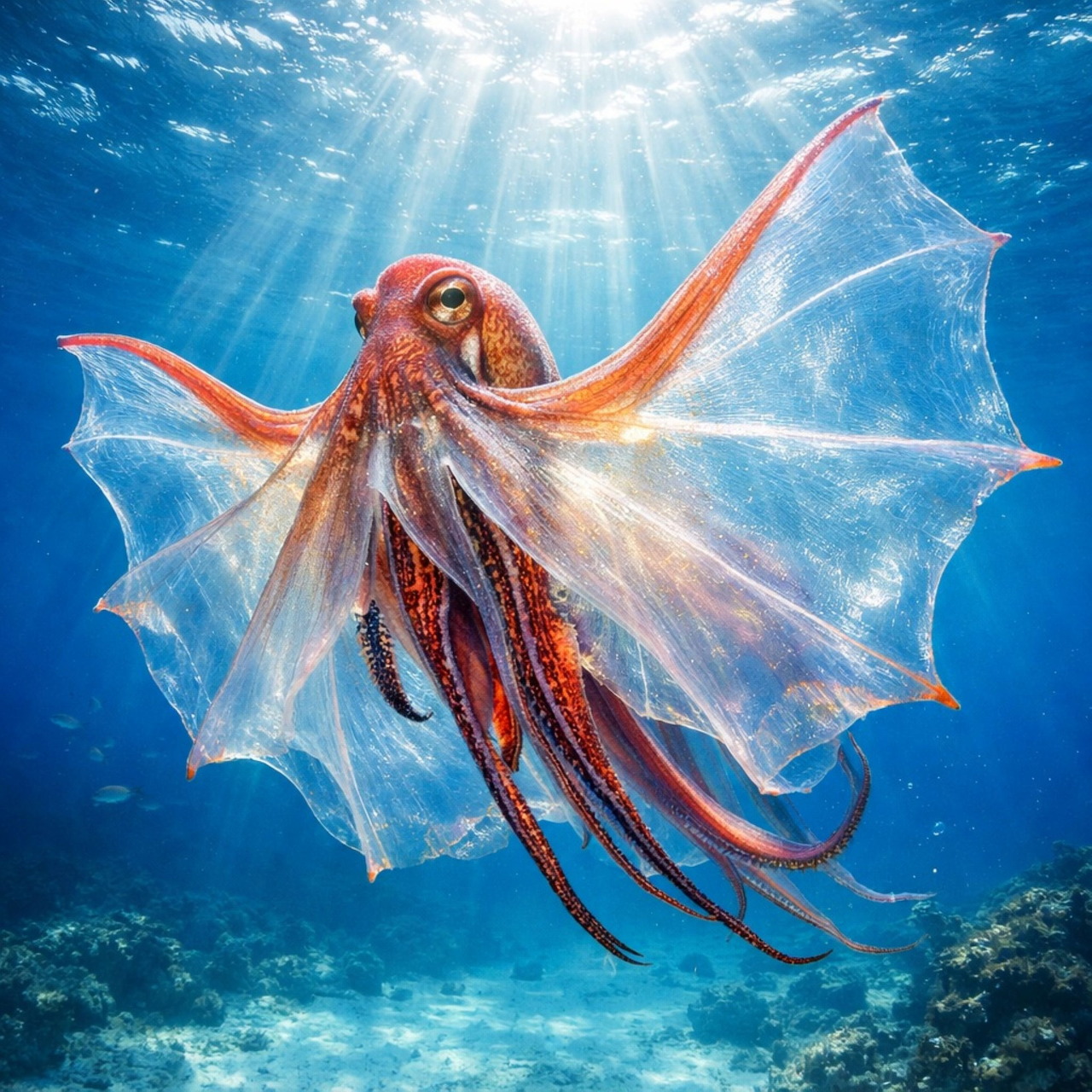 Blanket octopus with flowing translucent membranes in sunlit ocean water