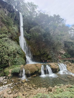 Tall waterfall flowing over mossy rocks into a clear stream in a forested area