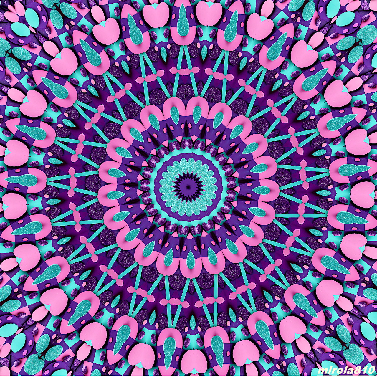 Colorful mandala with pink and turquoise geometric patterns radiating from center on purple background
