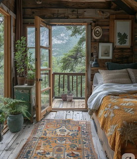 Rustic bedroom with open door to balcony, forest view, and mustard bedspread