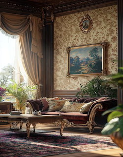 Elegant Victorian living room with ornate sofa, floral wallpaper, draped curtains, and framed landscape painting