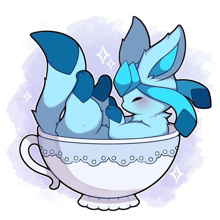 Glaceon Pokemon resting in ornate white teacup with blue highlights and sparkles