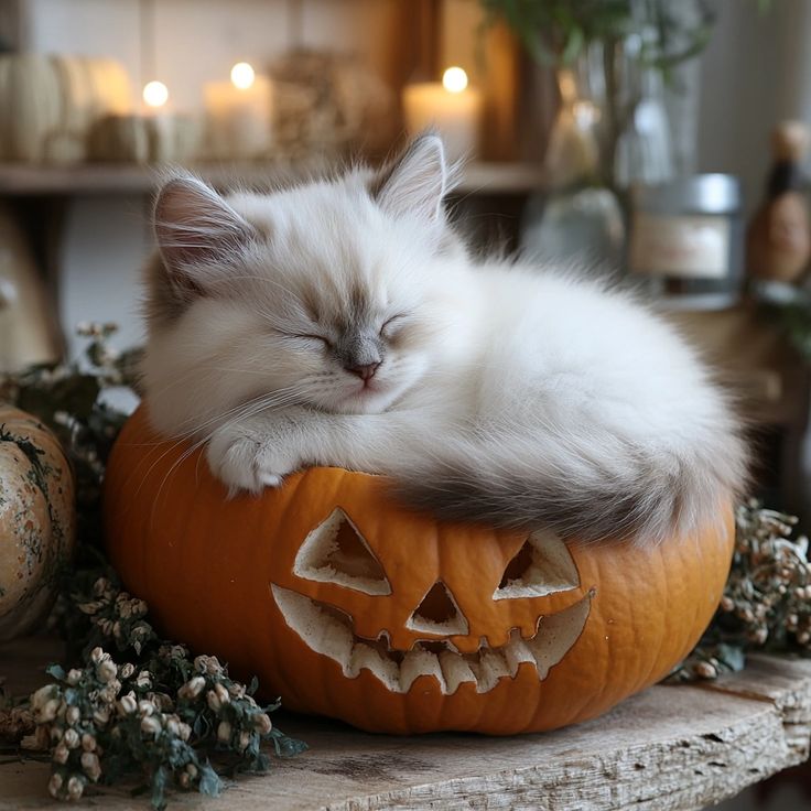 White fluffy kitten sleeping on carved Halloween pumpkin with candles in background