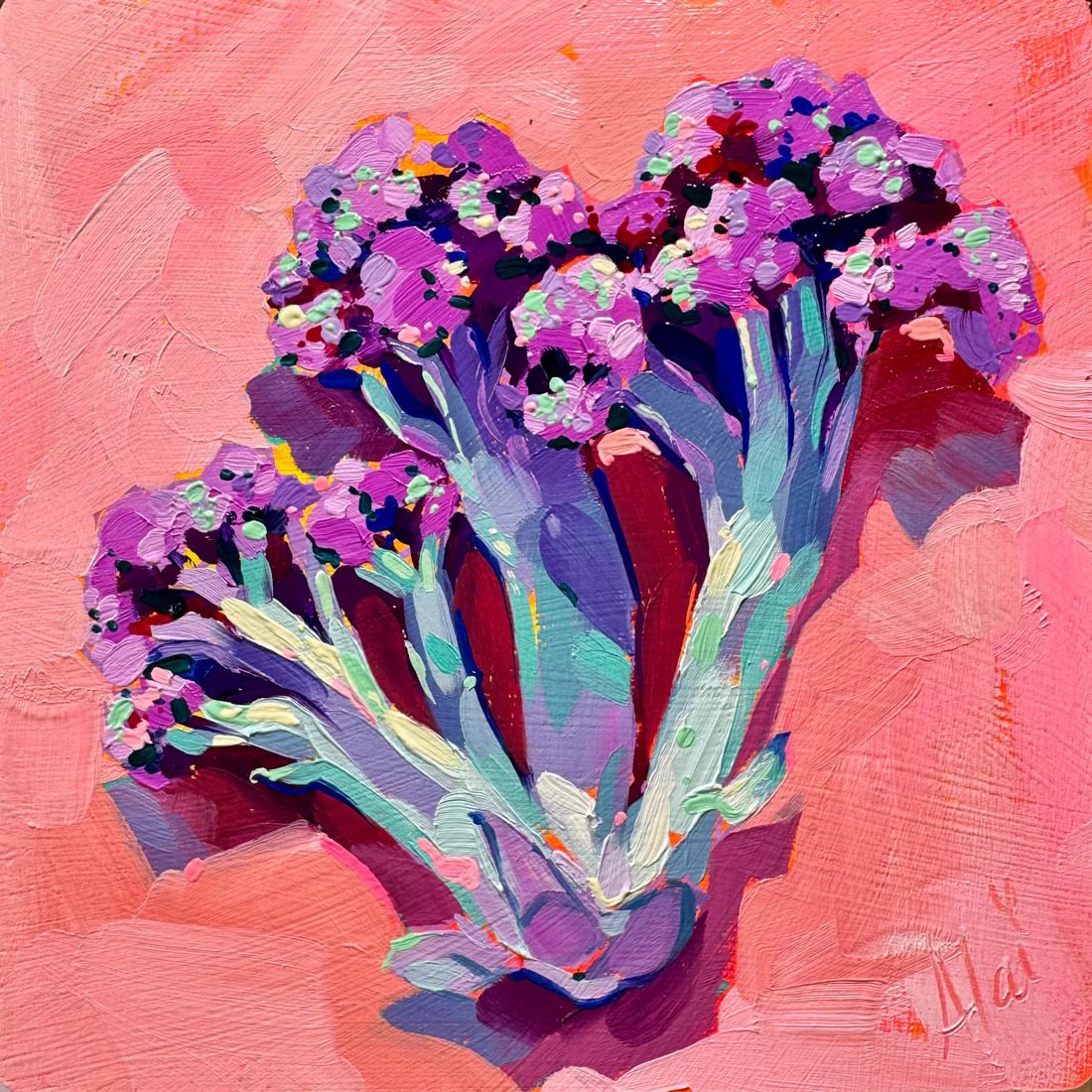 Colorful painting of broccoli on a pink background