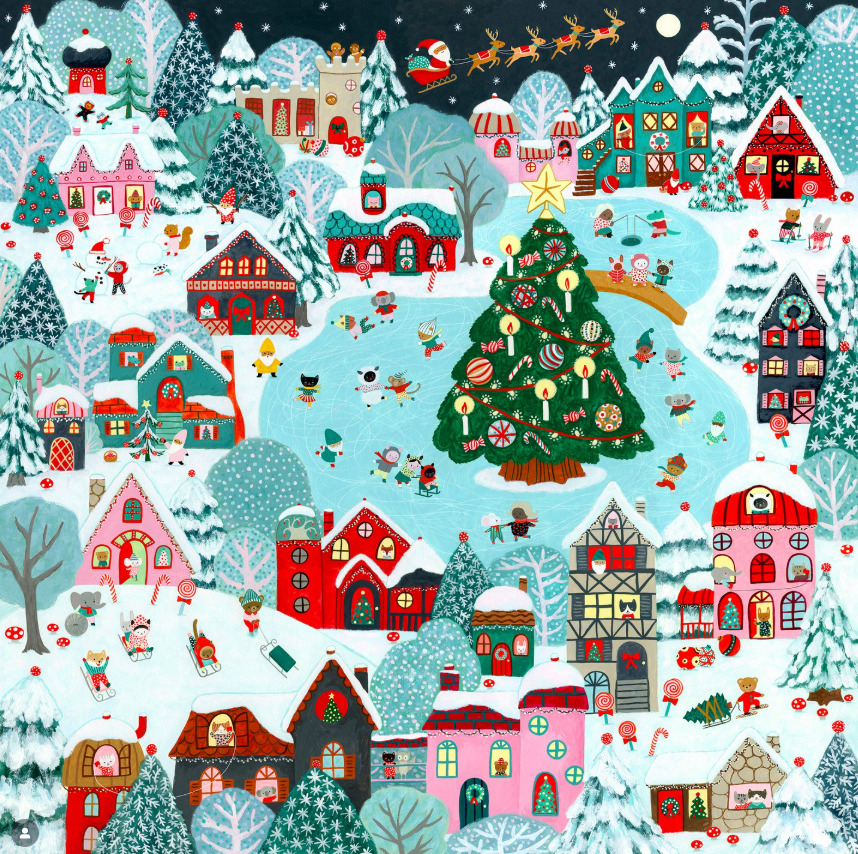 Colorful illustrated Christmas village with houses, trees, Santa sleigh, and people ice skating in snowy winter scene