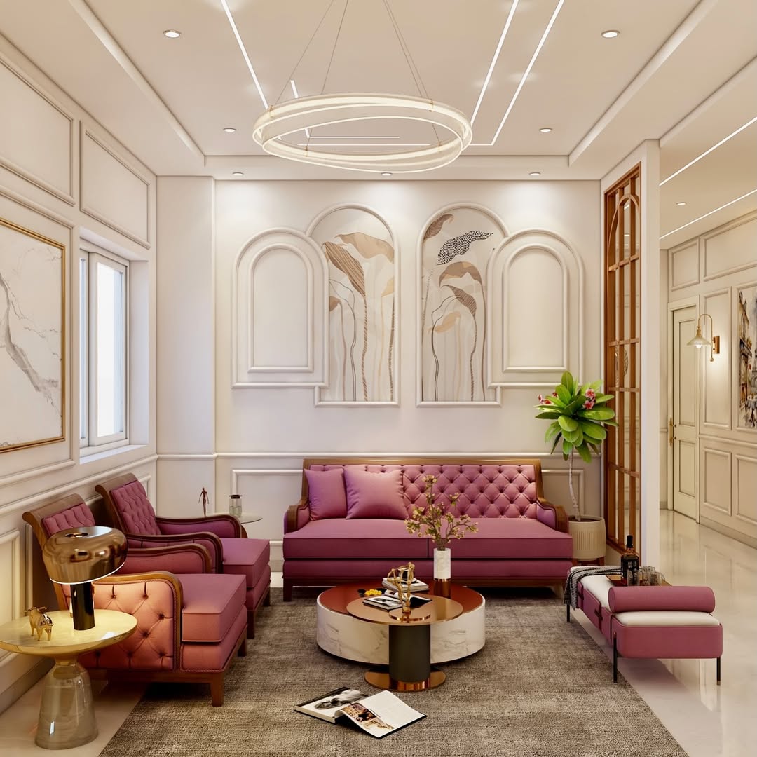 Elegant cream living room with pink tufted sofas, round coffee table, and modern wall panels
