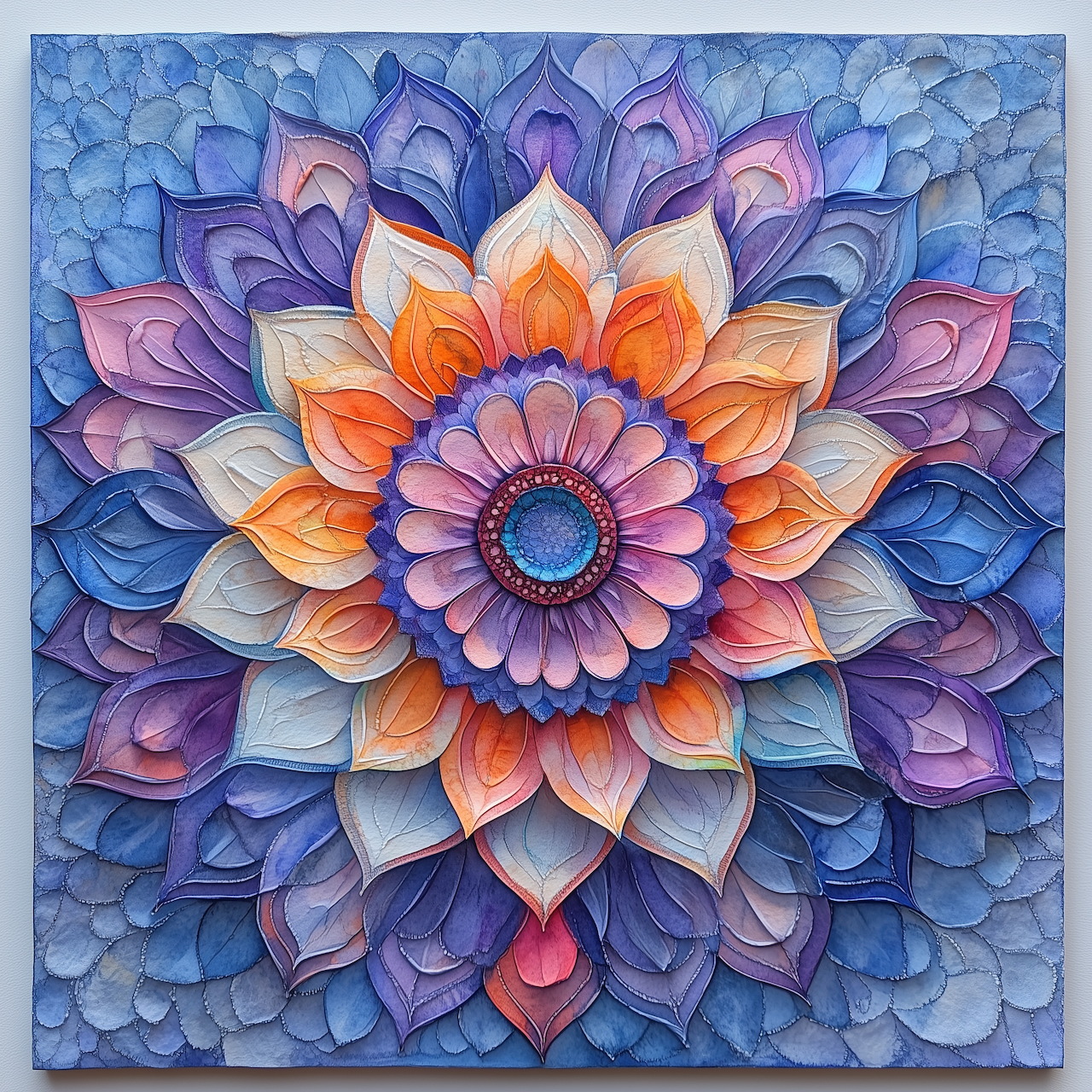 Colorful mandala flower with orange center petals surrounded by purple and blue layers in symmetrical design