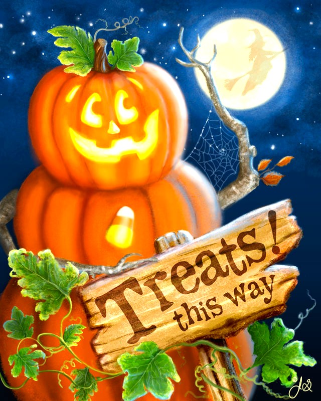 Illuminated Halloween pumpkins with wooden directional sign under full moon and night sky with spider web