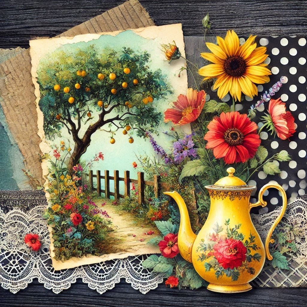 Flat lay of garden painting with flowers, yellow teapot, and decorative items on dark wood surface