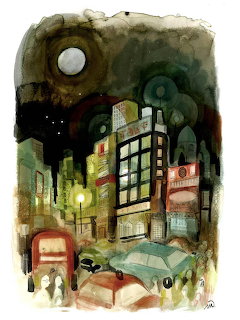 Watercolor painting of a rainy nightime city street with moon, buildings, red bus, and people with umbrellas