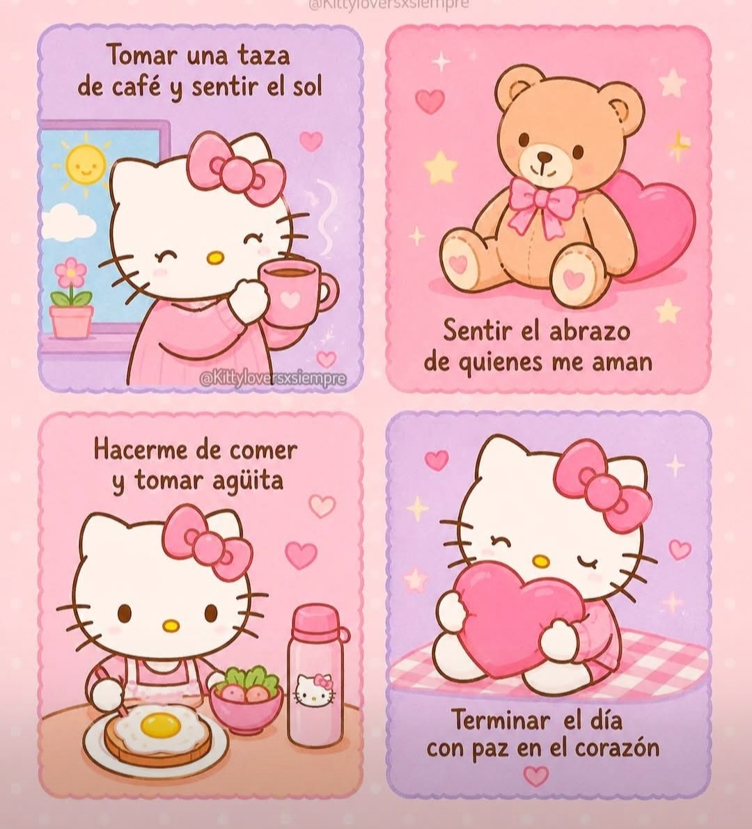 Four-panel Hello Kitty cartoon with Spanish captions about daily joys like coffee, hugs, breakfast, and peace.