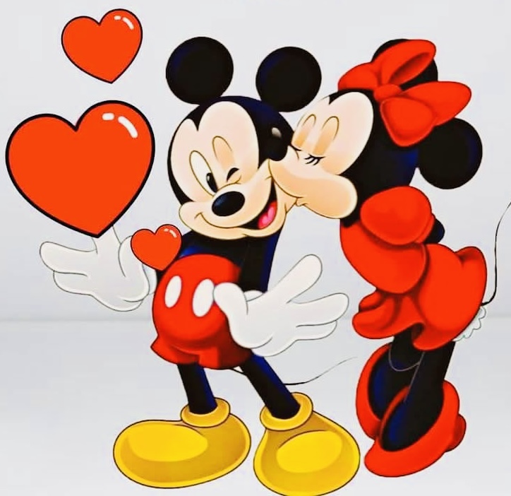 Mickey Mouse and Minnie Mouse cartoon characters with red hearts on a white background