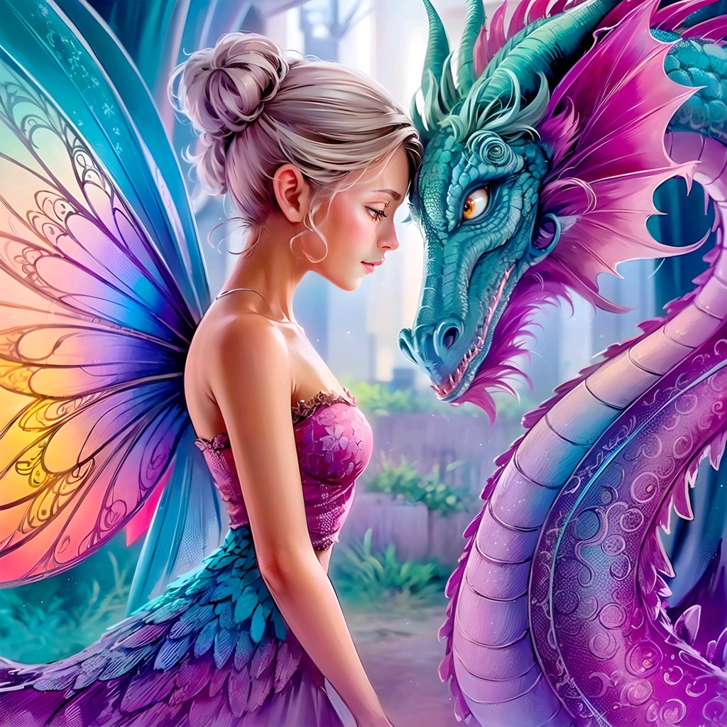 Fairy with rainbow butterfly wings facing a colorful teal and purple dragon in a fantasy garden