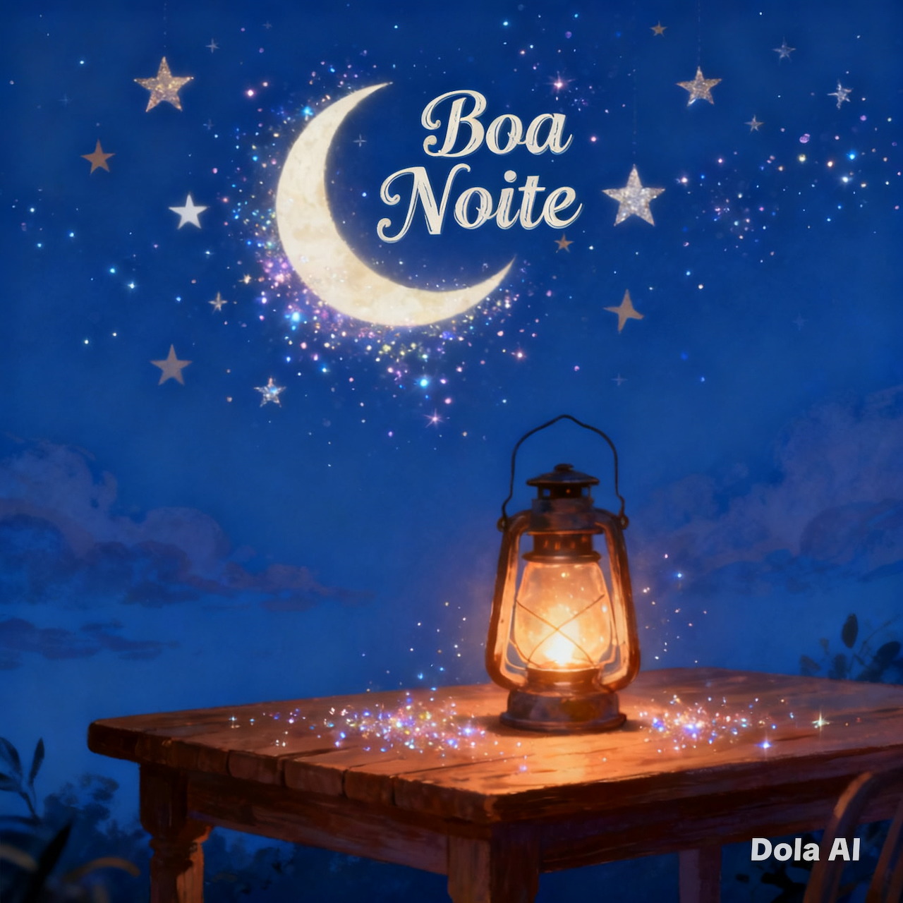 Glowing lantern on a table under a crescent moon and stars with Boa Noite text in the night sky
