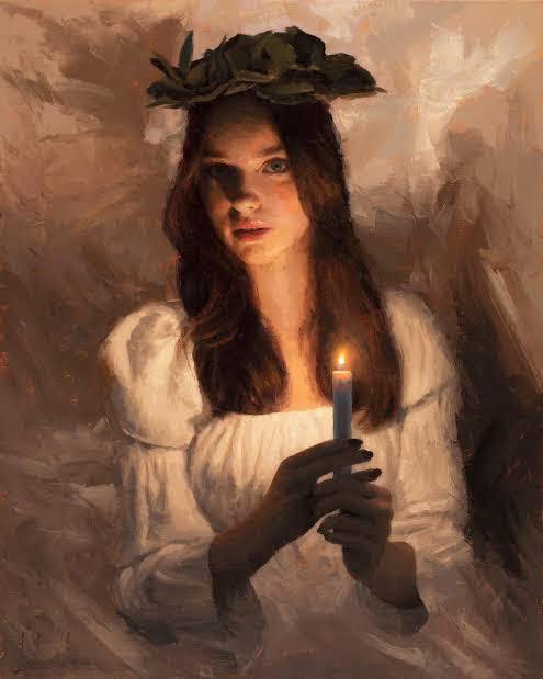Painting of a young woman in a white dress holding a lit candle and wearing a dark leafy crown