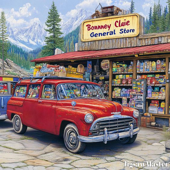Red vintage station wagon at mountain general store with snow-capped peaks