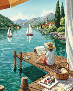 Person in white sitting on sunny dock by turquoise mountain lake with sailboats and village