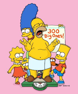 The Simpsons family with Homer on a scale reading 300 pounds holding a sign saying 300 Big Ones