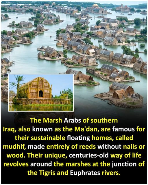 Collage of floating reed homes in Iraqi marshes with aerial village views, inset house, and caption text