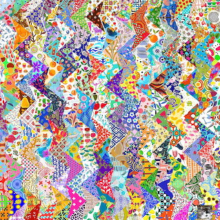 Dense abstract collage with vibrant overlapping patchwork patterns, dots, shapes, and multicolored textures