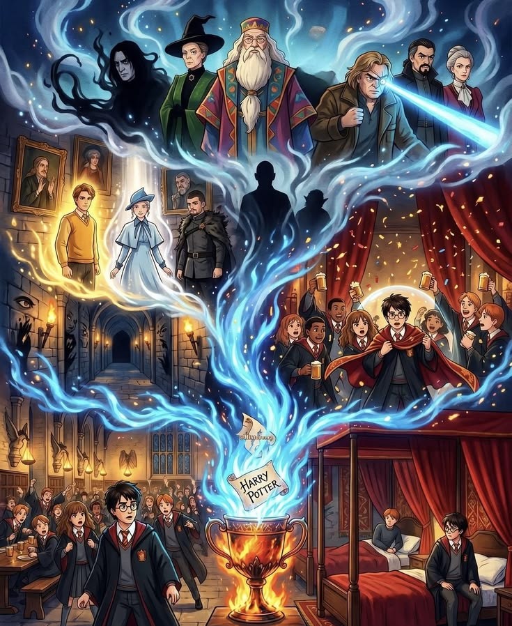 Harry Potter fan art showing characters around the Goblet of Fire with blue magical flames and Hogwarts professors